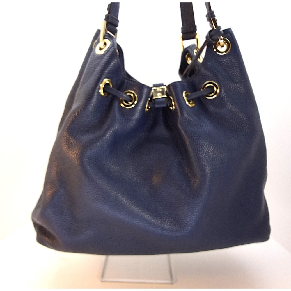 Michael Kors Camden Navy Blue Large Leather Drawstring Bucket Bag Tassels - Picture 3 of 8